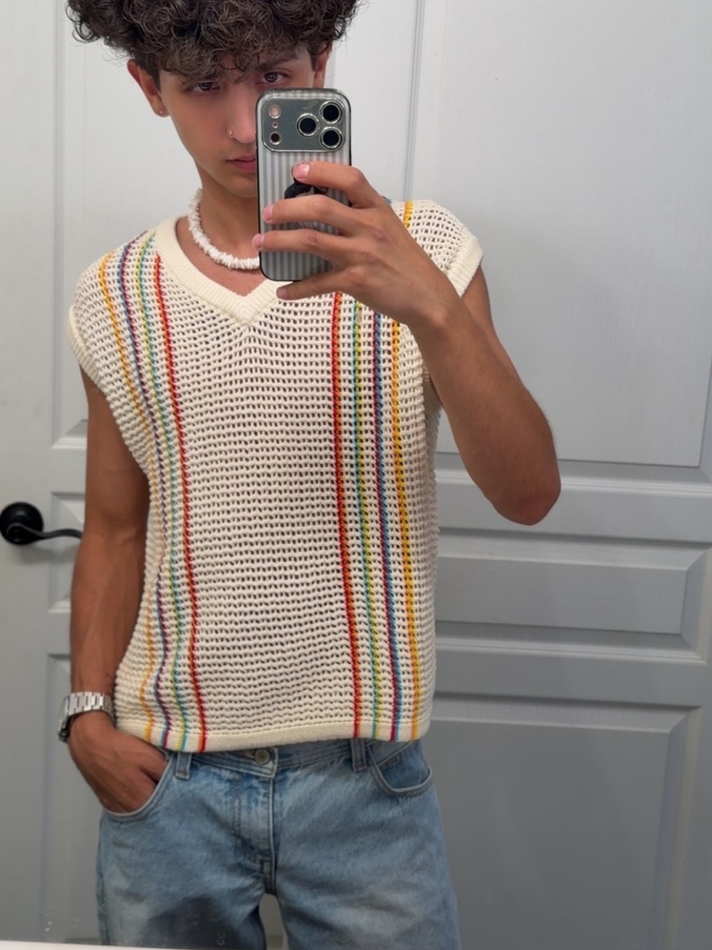 Cream Knit V-Neck Sweater Vest with Rainbow Stripes